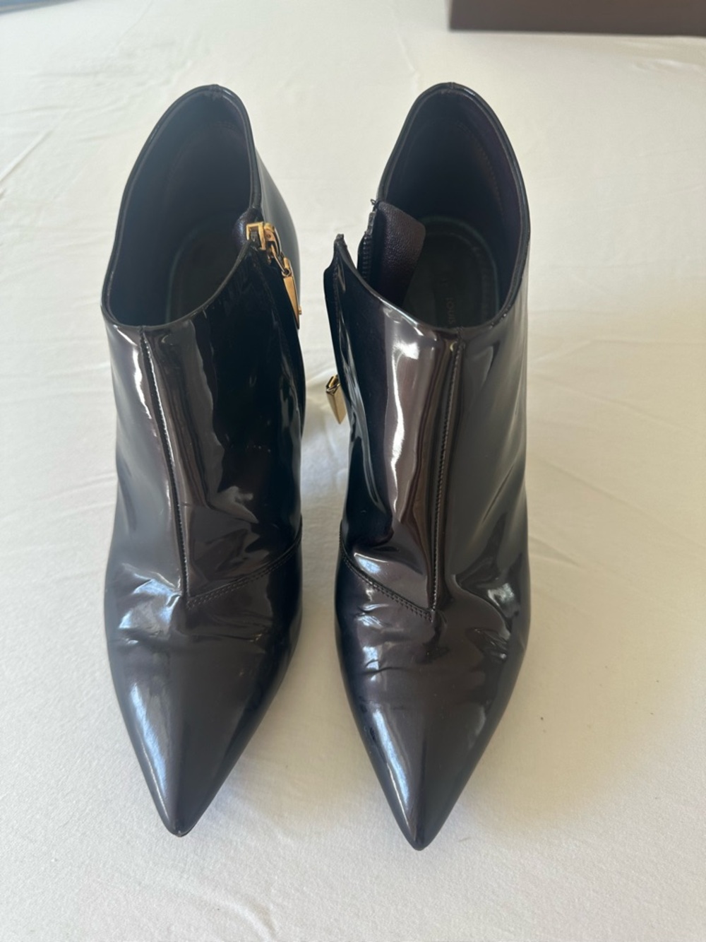 Louis Vuitton Amarante Patent Leather Pointed Ankle Booties with Gold Zippers